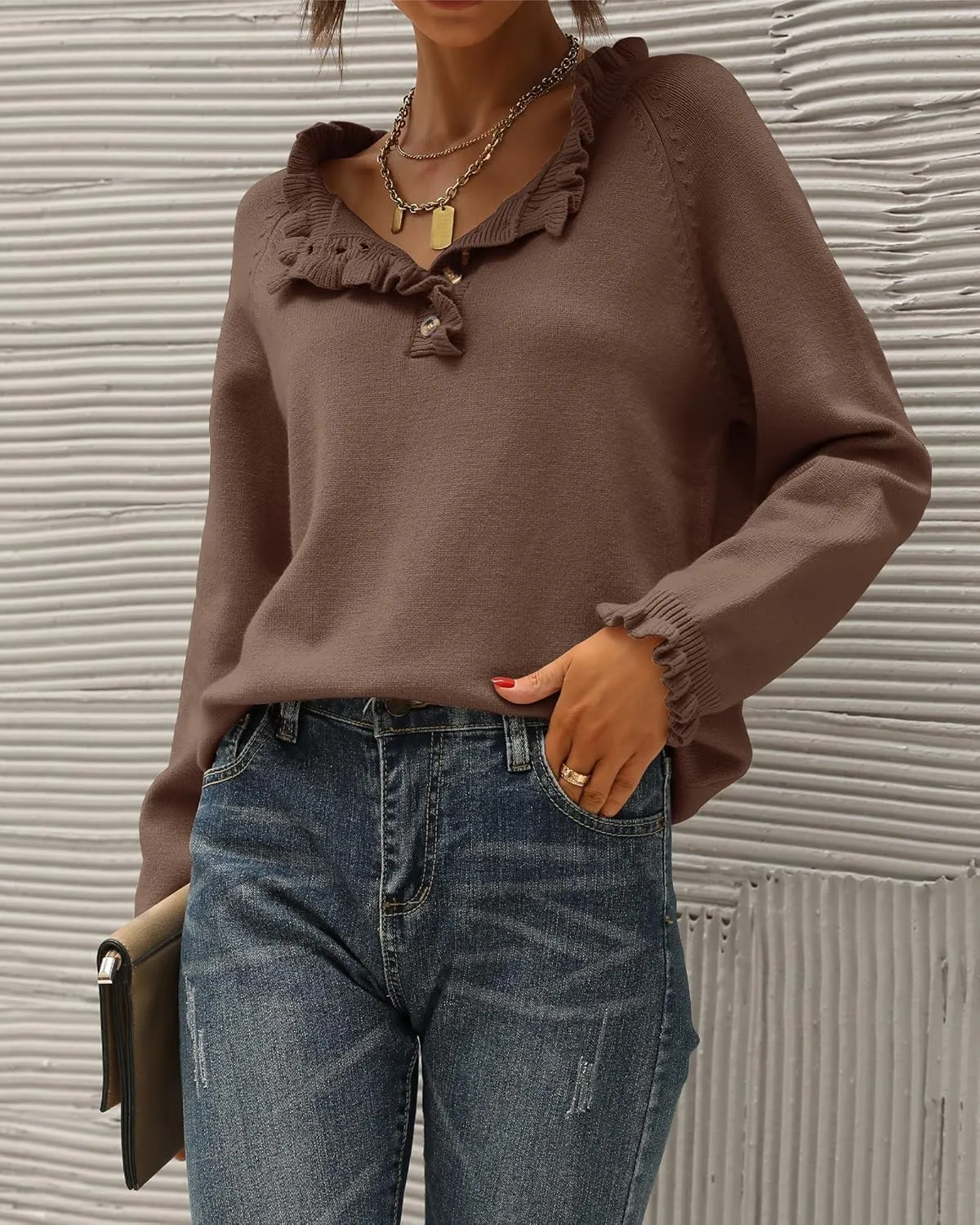 BTFBM Womens Sweaters Fall Winter Clothes 2025 Long Sleeve Button Down Ruffle Crew Neck Casual Knitted Pullover Tops