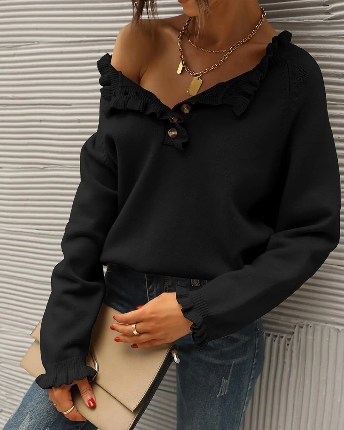 BTFBM Womens Sweaters Fall Winter Clothes 2025 Long Sleeve Button Down Ruffle Crew Neck Casual Knitted Pullover Tops