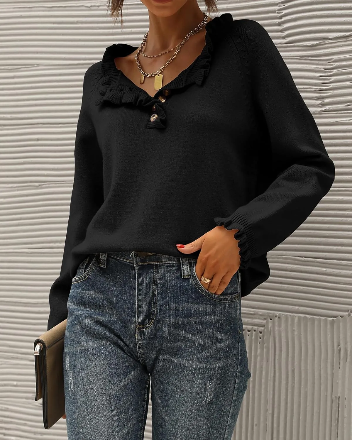 BTFBM Womens Sweaters Fall Winter Clothes 2025 Long Sleeve Button Down Ruffle Crew Neck Casual Knitted Pullover Tops