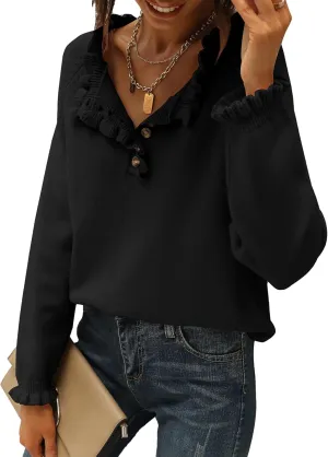 BTFBM Womens Sweaters Fall Winter Clothes 2025 Long Sleeve Button Down Ruffle Crew Neck Casual Knitted Pullover Tops