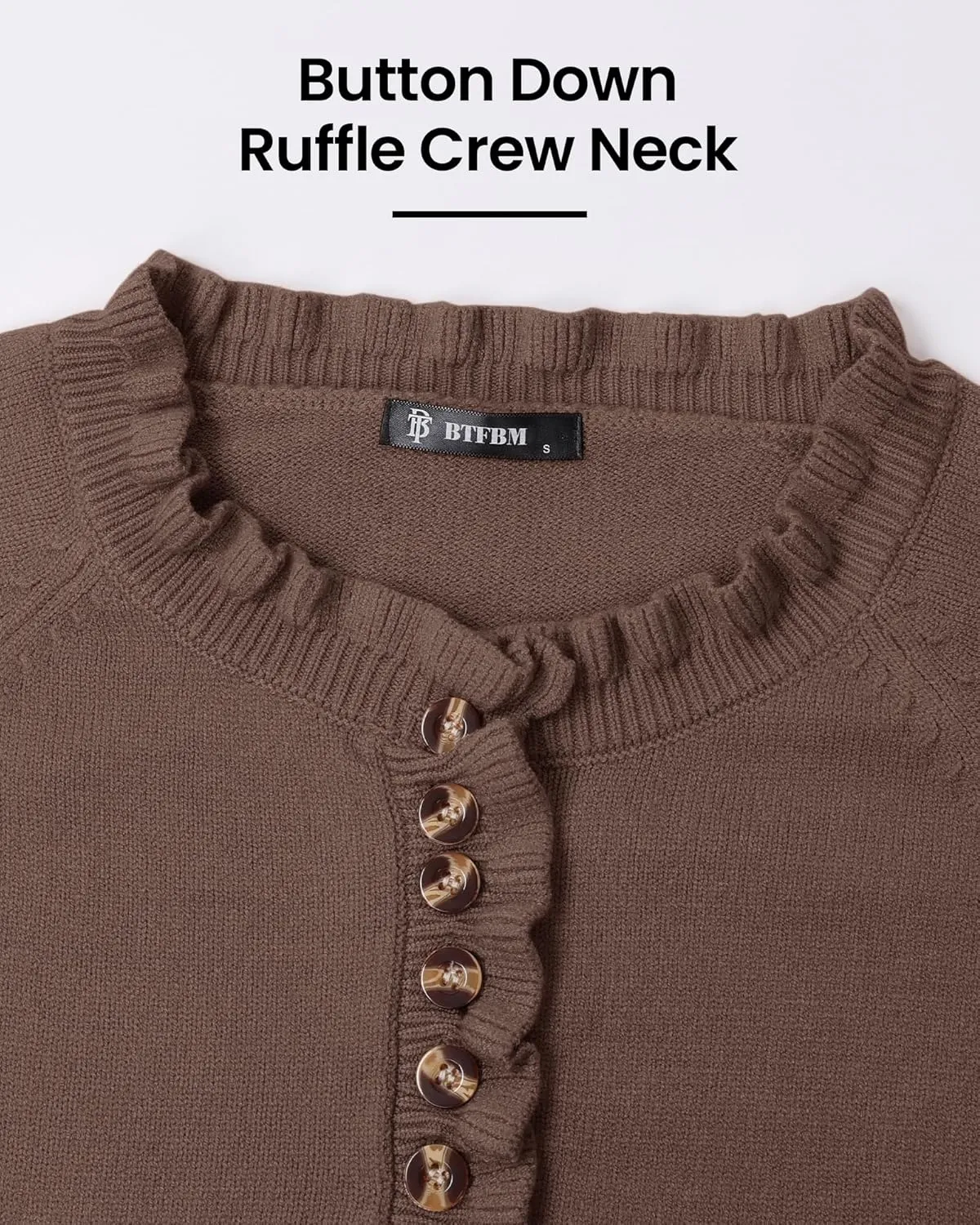 BTFBM Womens Sweaters Fall Winter Clothes 2025 Long Sleeve Button Down Ruffle Crew Neck Casual Knitted Pullover Tops