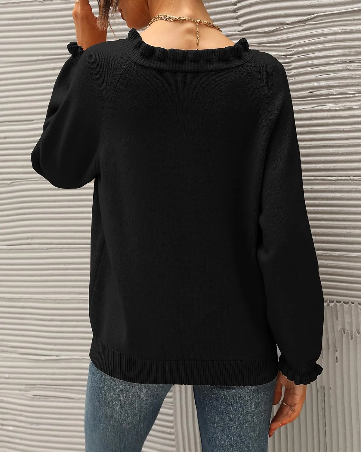 BTFBM Womens Sweaters Fall Winter Clothes 2025 Long Sleeve Button Down Ruffle Crew Neck Casual Knitted Pullover Tops
