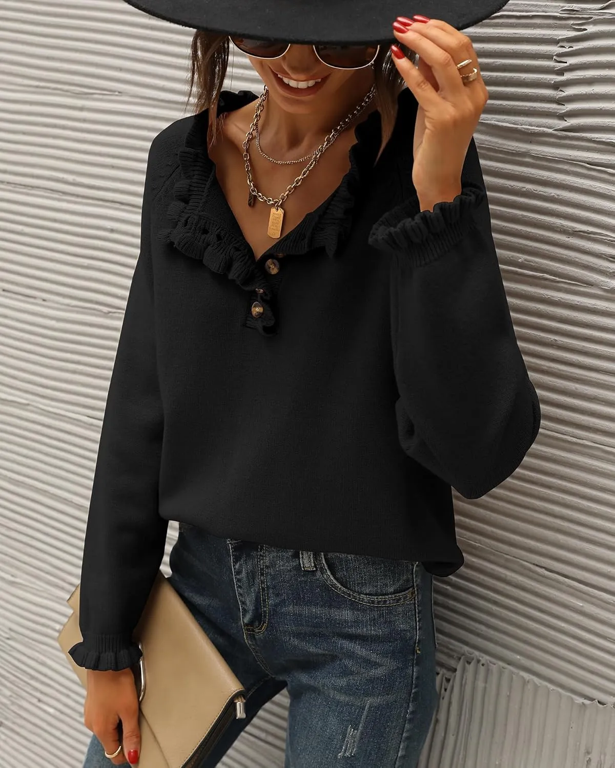BTFBM Womens Sweaters Fall Winter Clothes 2025 Long Sleeve Button Down Ruffle Crew Neck Casual Knitted Pullover Tops