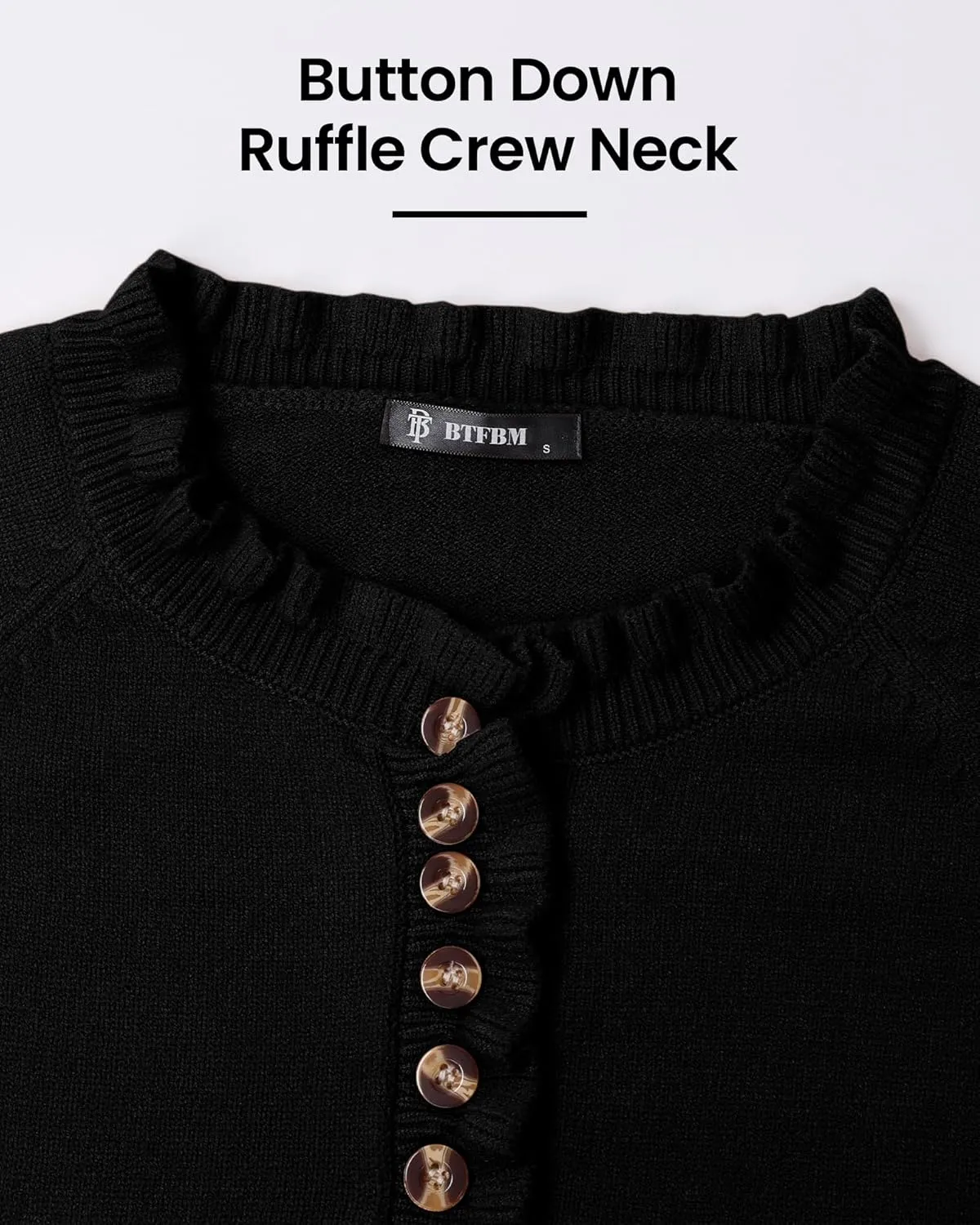 BTFBM Womens Sweaters Fall Winter Clothes 2025 Long Sleeve Button Down Ruffle Crew Neck Casual Knitted Pullover Tops
