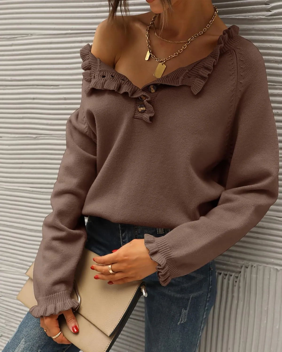 BTFBM Womens Sweaters Fall Winter Clothes 2025 Long Sleeve Button Down Ruffle Crew Neck Casual Knitted Pullover Tops