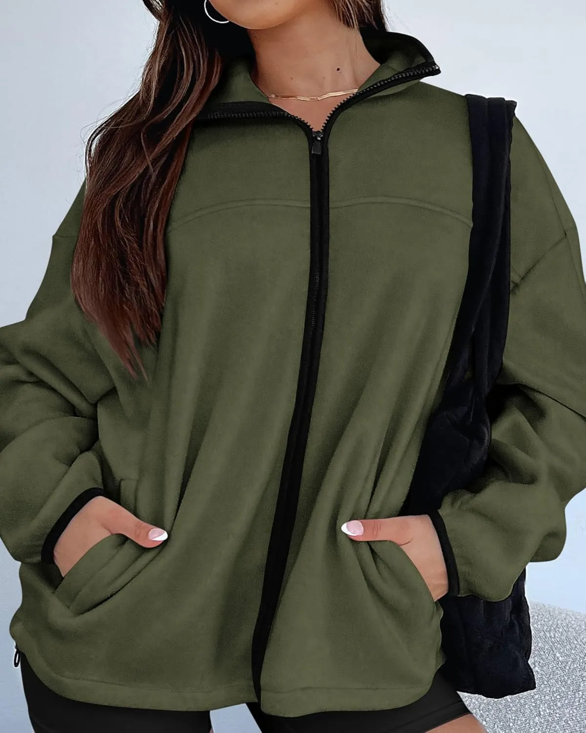 BTFBM Women's Zip Up Fleece Jackets Stand Collar 2024 Fall Winter Outerwear Casual Fuzzy Coats with Pockets