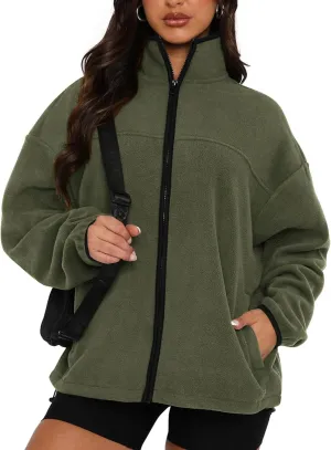 BTFBM Women's Zip Up Fleece Jackets Stand Collar 2024 Fall Winter Outerwear Casual Fuzzy Coats with Pockets