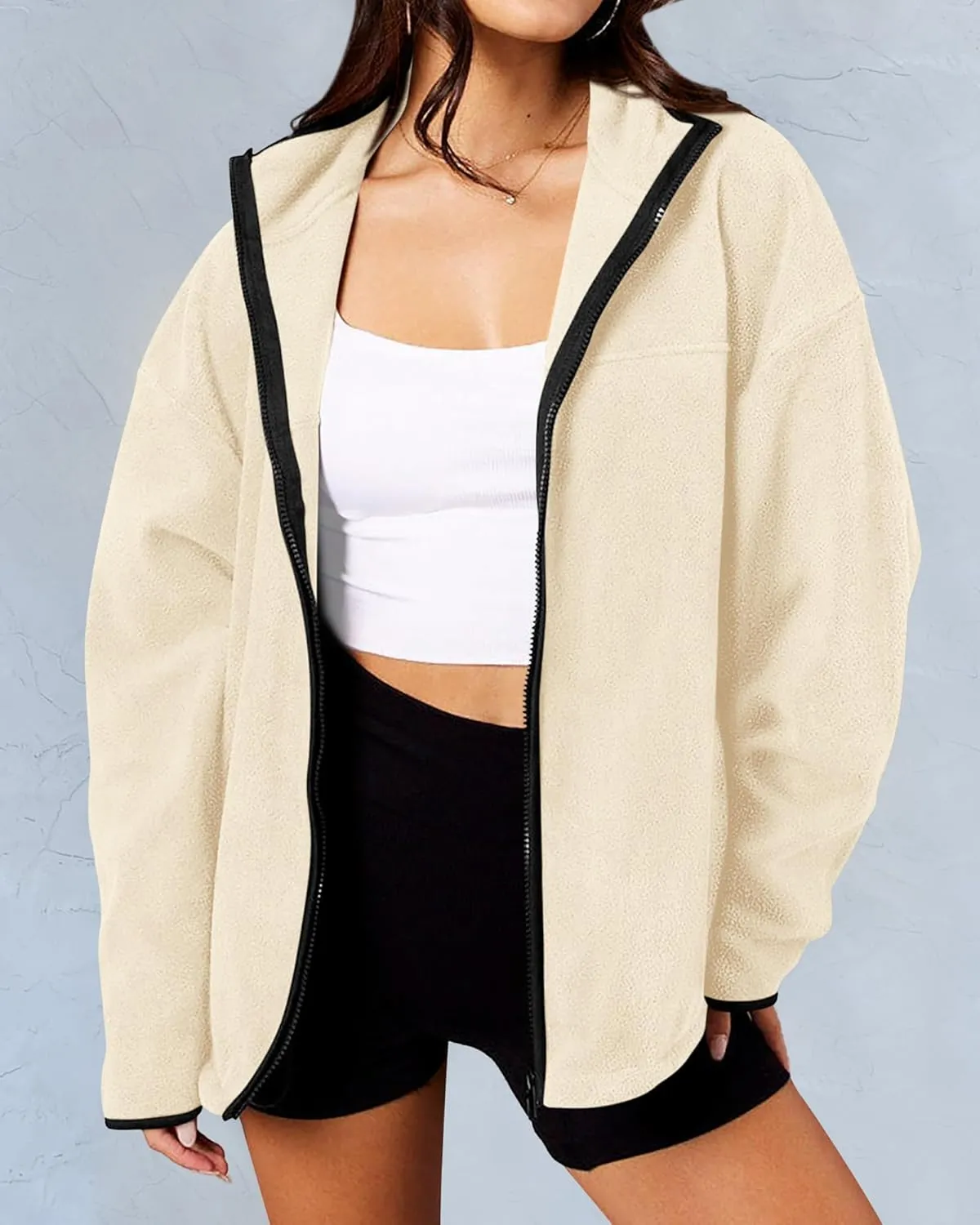 BTFBM Women's Zip Up Fleece Jackets Stand Collar 2024 Fall Winter Outerwear Casual Fuzzy Coats with Pockets