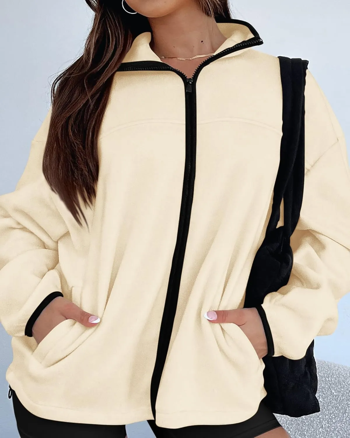 BTFBM Women's Zip Up Fleece Jackets Stand Collar 2024 Fall Winter Outerwear Casual Fuzzy Coats with Pockets