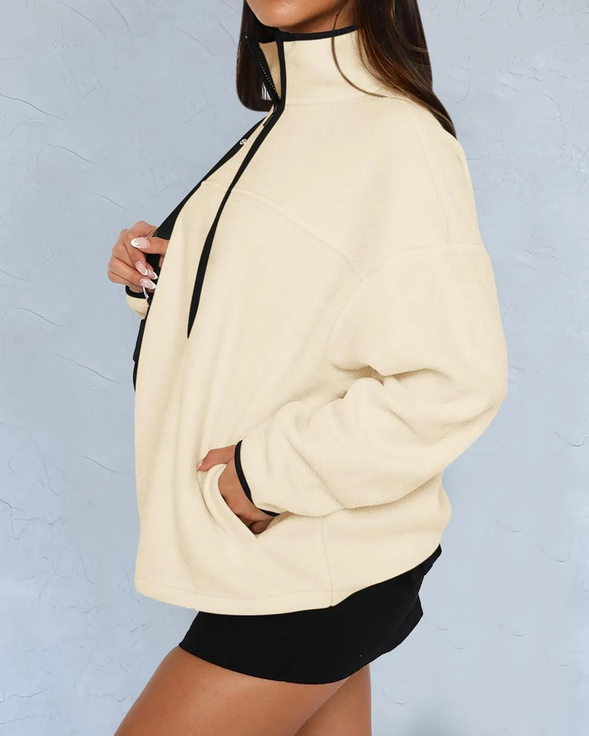 BTFBM Women's Zip Up Fleece Jackets Stand Collar 2024 Fall Winter Outerwear Casual Fuzzy Coats with Pockets