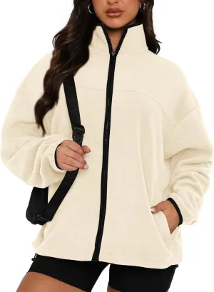 BTFBM Women's Zip Up Fleece Jackets Stand Collar 2024 Fall Winter Outerwear Casual Fuzzy Coats with Pockets