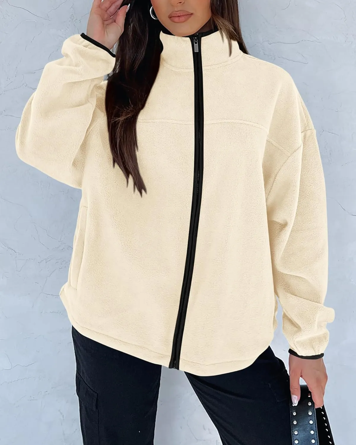 BTFBM Women's Zip Up Fleece Jackets Stand Collar 2024 Fall Winter Outerwear Casual Fuzzy Coats with Pockets