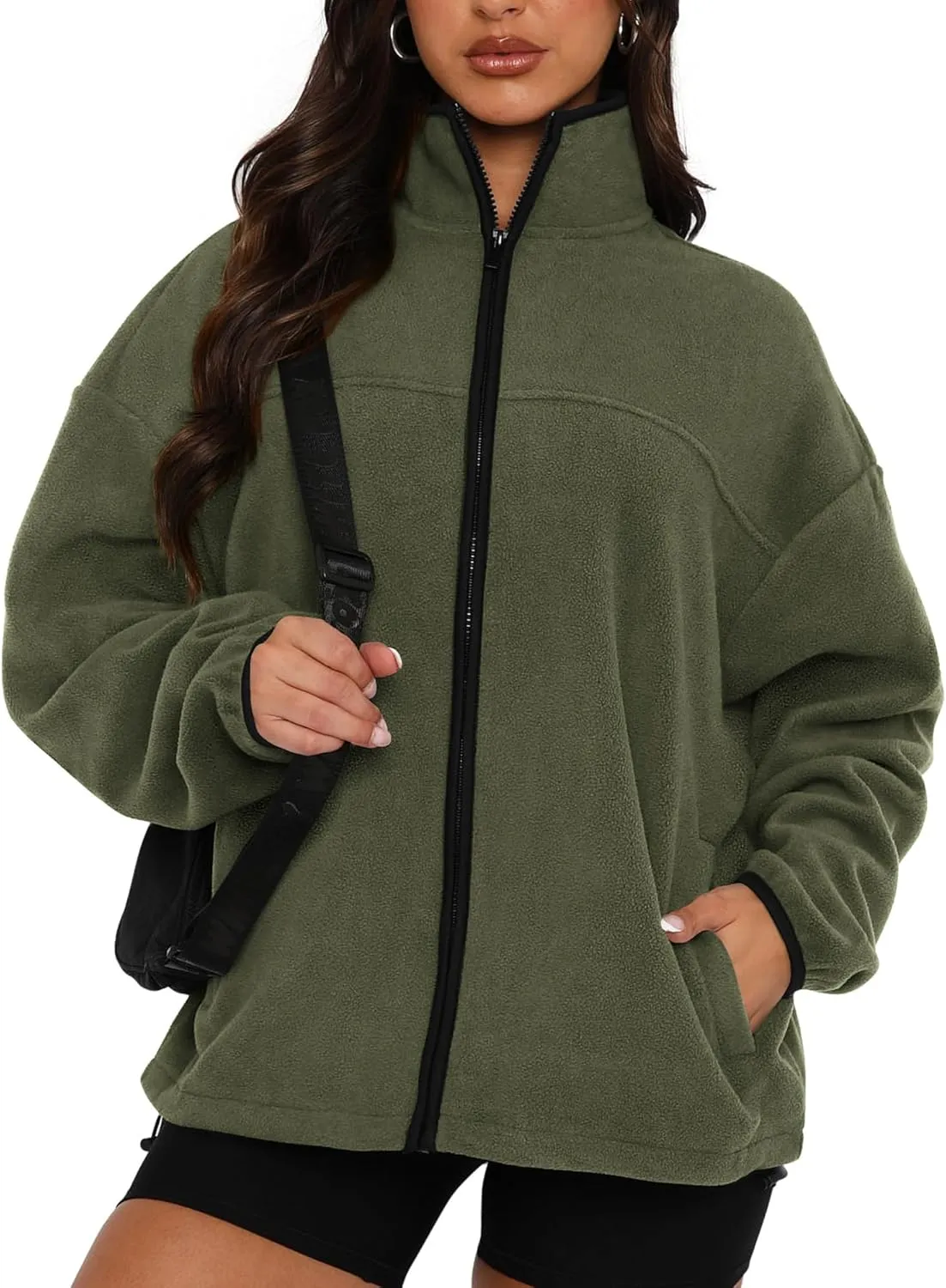 BTFBM Women's Zip Up Fleece Jackets Stand Collar 2024 Fall Winter Outerwear Casual Fuzzy Coats with Pockets