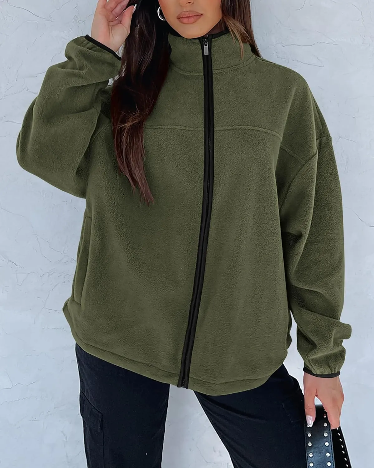 BTFBM Women's Zip Up Fleece Jackets Stand Collar 2024 Fall Winter Outerwear Casual Fuzzy Coats with Pockets
