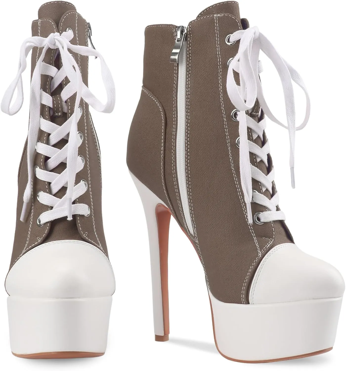 Canvas Ankle Boots Platform Lace-Up Short Boot Stiletto High Heel Closed Round Toe Sneaker Booties with Side Zipper for Women Ladies Sexy Spring Summer