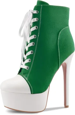 Canvas Ankle Boots Platform Lace-Up Short Boot Stiletto High Heel Closed Round Toe Sneaker Booties with Side Zipper for Women Ladies Sexy Spring Summer