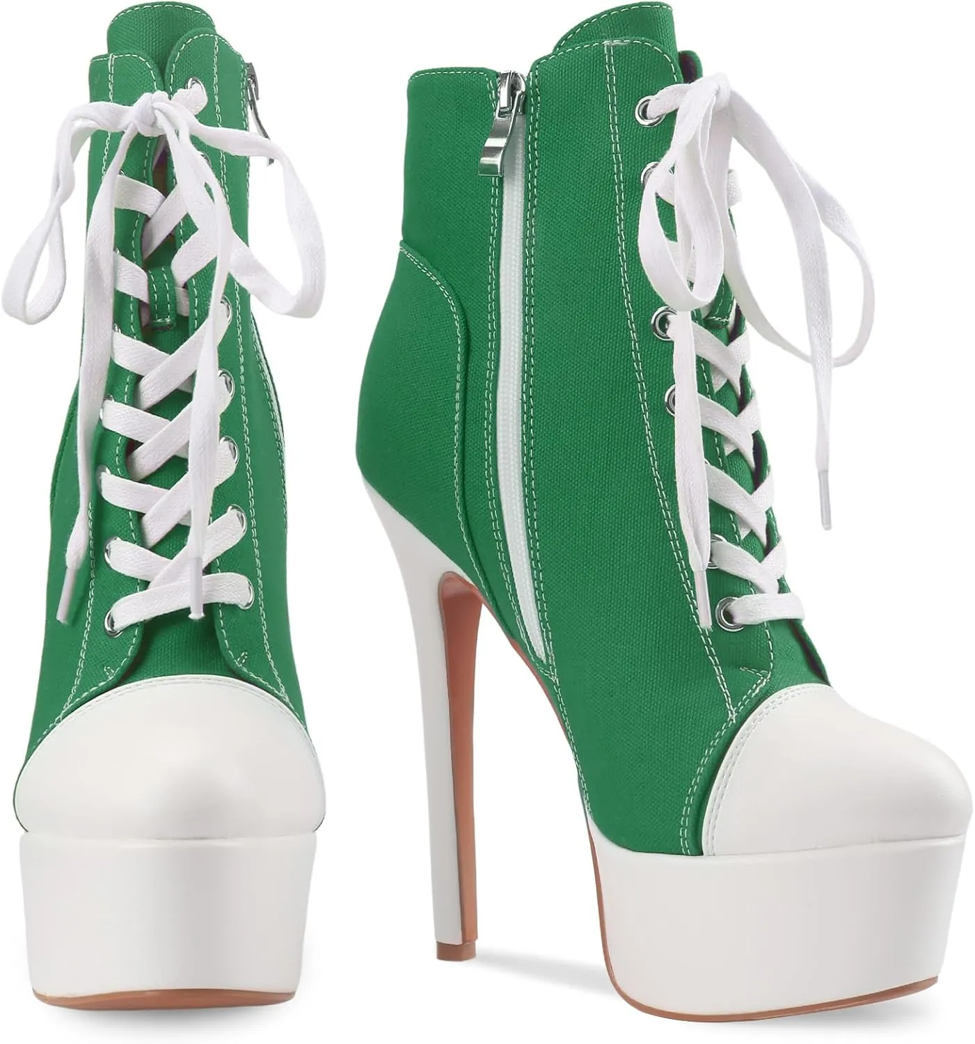 Canvas Ankle Boots Platform Lace-Up Short Boot Stiletto High Heel Closed Round Toe Sneaker Booties with Side Zipper for Women Ladies Sexy Spring Summer