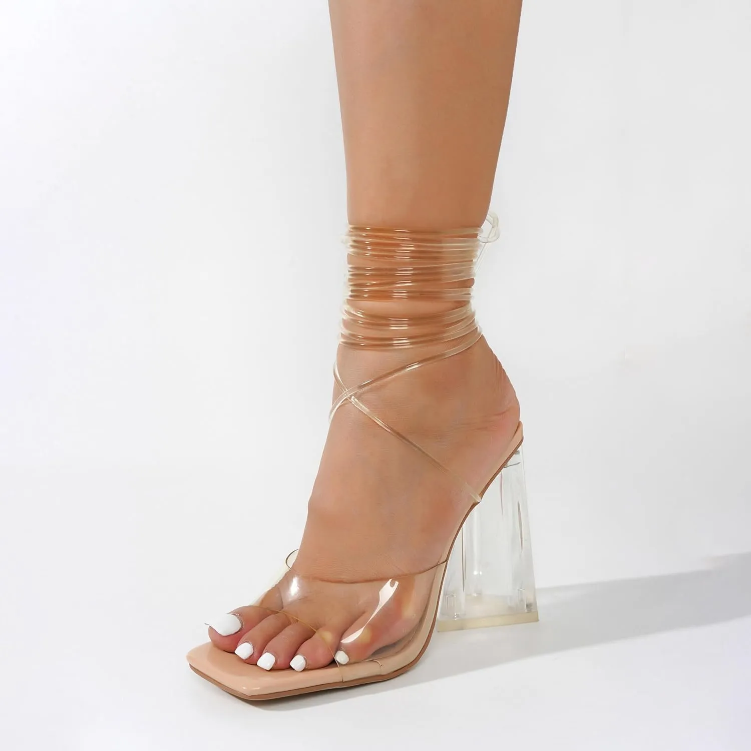 Cape Robbin Women's Lace-Up Strappy Heeled Sandals - Square Open Toe High Heels for Party, Wedding, Dress Shoes - Elegant Transparent Design (Swag)