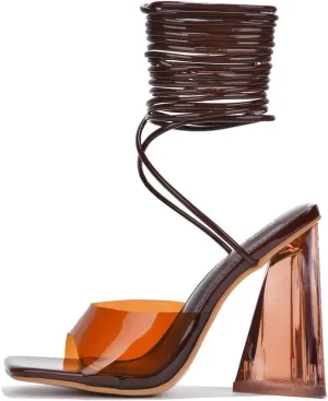 Cape Robbin Women's Lace-Up Strappy Heeled Sandals - Square Open Toe High Heels for Party, Wedding, Dress Shoes - Elegant Transparent Design (Swag)