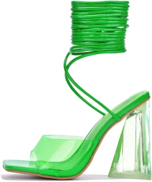 Cape Robbin Women's Lace-Up Strappy Heeled Sandals - Square Open Toe High Heels for Party, Wedding, Dress Shoes - Elegant Transparent Design (Swag)