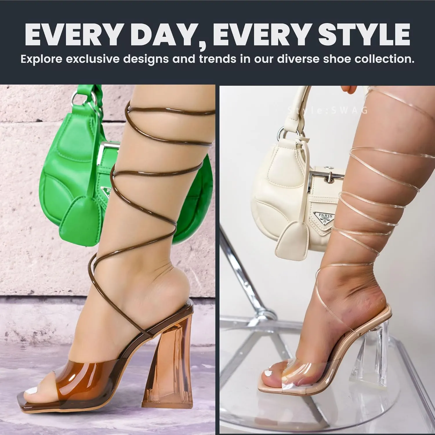 Cape Robbin Women's Lace-Up Strappy Heeled Sandals - Square Open Toe High Heels for Party, Wedding, Dress Shoes - Elegant Transparent Design (Swag)