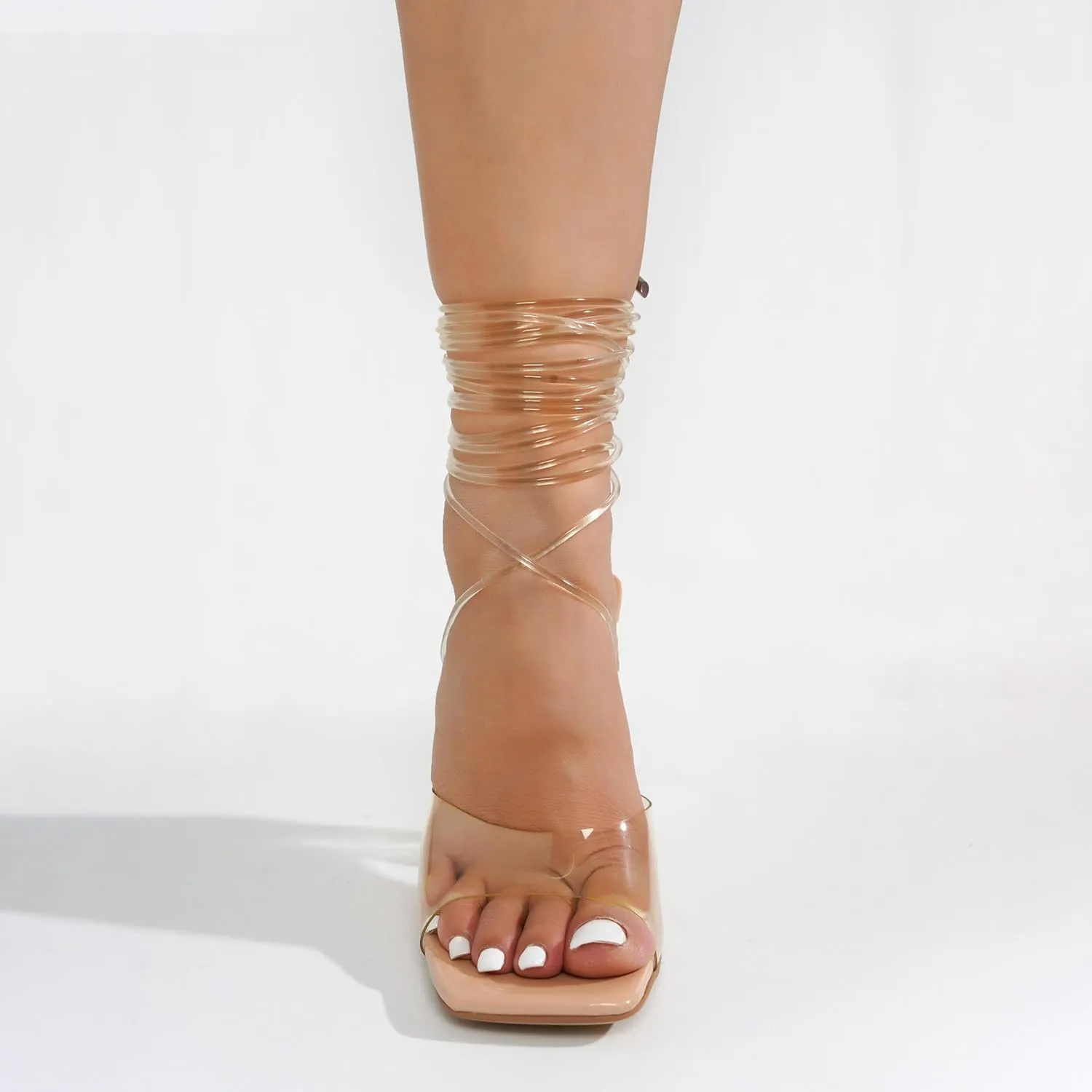 Cape Robbin Women's Lace-Up Strappy Heeled Sandals - Square Open Toe High Heels for Party, Wedding, Dress Shoes - Elegant Transparent Design (Swag)