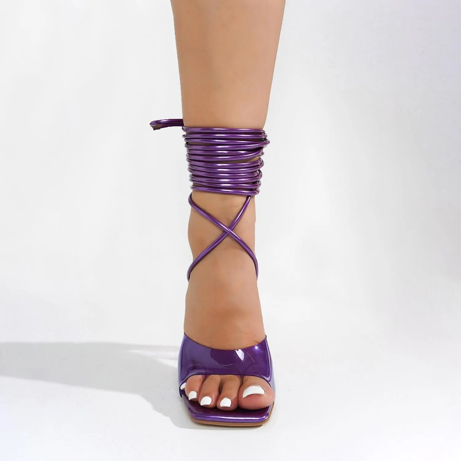 Cape Robbin Women's Lace-Up Strappy Heeled Sandals - Square Open Toe High Heels for Party, Wedding, Dress Shoes - Elegant Transparent Design (Swag)