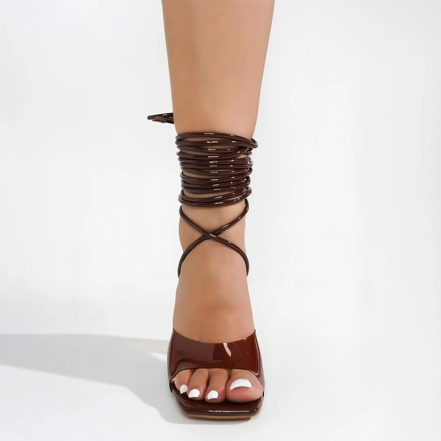 Cape Robbin Women's Lace-Up Strappy Heeled Sandals - Square Open Toe High Heels for Party, Wedding, Dress Shoes - Elegant Transparent Design (Swag)