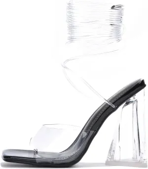 Cape Robbin Women's Lace-Up Strappy Heeled Sandals - Square Open Toe High Heels for Party, Wedding, Dress Shoes - Elegant Transparent Design (Swag)