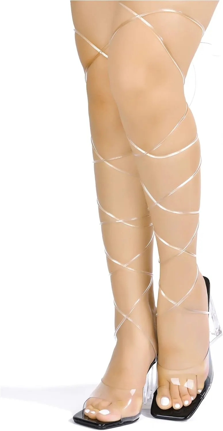 Cape Robbin Women's Lace-Up Strappy Heeled Sandals - Square Open Toe High Heels for Party, Wedding, Dress Shoes - Elegant Transparent Design (Swag)