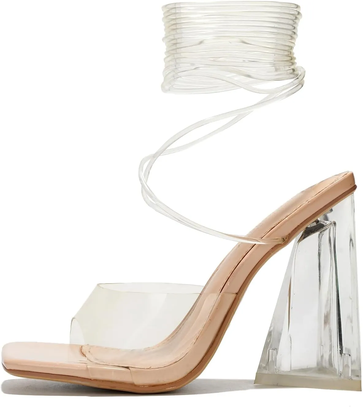 Cape Robbin Women's Lace-Up Strappy Heeled Sandals - Square Open Toe High Heels for Party, Wedding, Dress Shoes - Elegant Transparent Design (Swag)