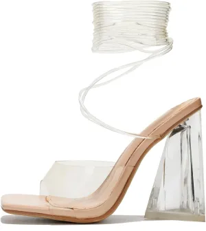 Cape Robbin Women's Lace-Up Strappy Heeled Sandals - Square Open Toe High Heels for Party, Wedding, Dress Shoes - Elegant Transparent Design (Swag)