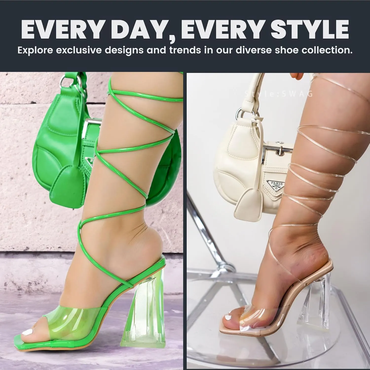 Cape Robbin Women's Lace-Up Strappy Heeled Sandals - Square Open Toe High Heels for Party, Wedding, Dress Shoes - Elegant Transparent Design (Swag)