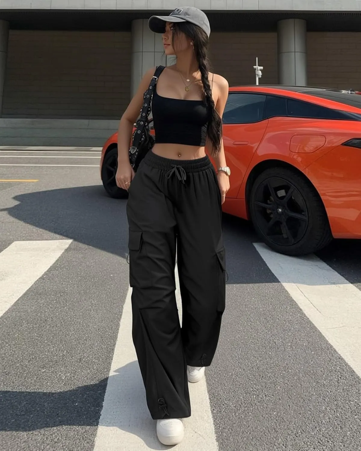 Cargo Pants Women Baggy High Waisted Parachute Pants with Pockets Wide Leg Y2K Casual Pants for Women