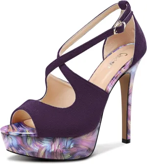 Castamere Womens High Platform Stiletto Heel Peep Open Toe Sandals Cross-Strap Two-Piece Patchwork Prom Dress 5.1 Inches Heels