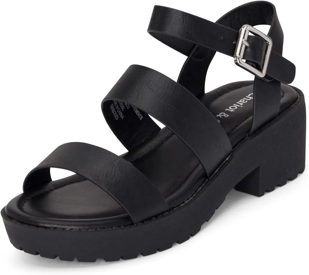 Chariot & Co -Credit(IIS)- Girls/Little Kids/Children Open Toe Strappy Two Band Double Strap Ankle Buckle Platform Lug Sole Chunky Block 1.75" Heel Sandals