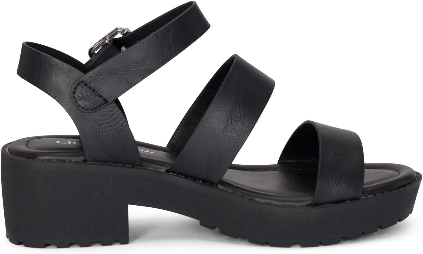 Chariot & Co -Credit(IIS)- Girls/Little Kids/Children Open Toe Strappy Two Band Double Strap Ankle Buckle Platform Lug Sole Chunky Block 1.75" Heel Sandals