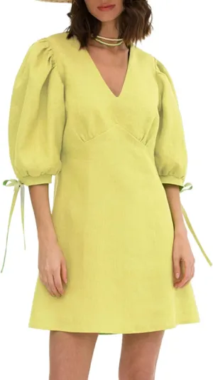 CHARTOU Women Puff Sleeve Short Dress Cotton Linen V Neck A Line Elastic High Waist Lace Up Vacation Dress