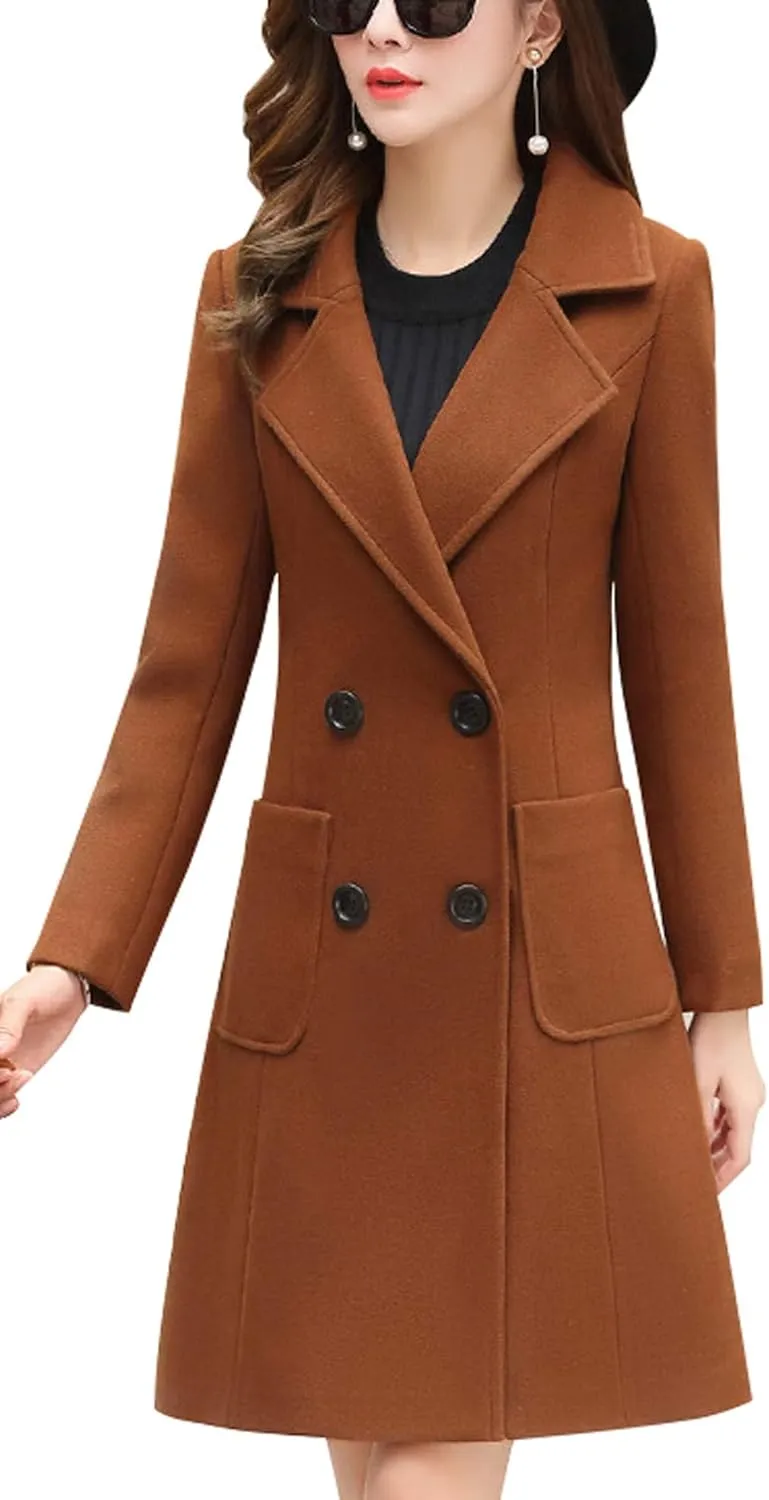 chouyatou Women Elegant Notched Collar Double Breasted Wool Blend Over Coat