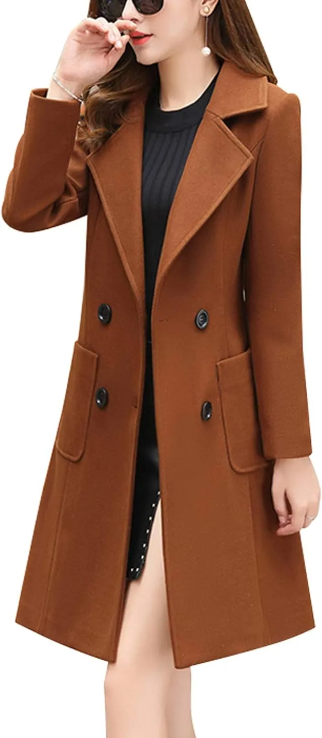chouyatou Women Elegant Notched Collar Double Breasted Wool Blend Over Coat