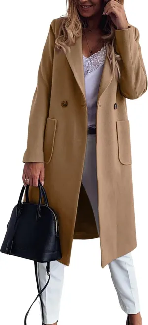 chouyatou Women's Double Breasted Winter Wool Pea Coat Midi Long Warm Wool Blend Trench Coat