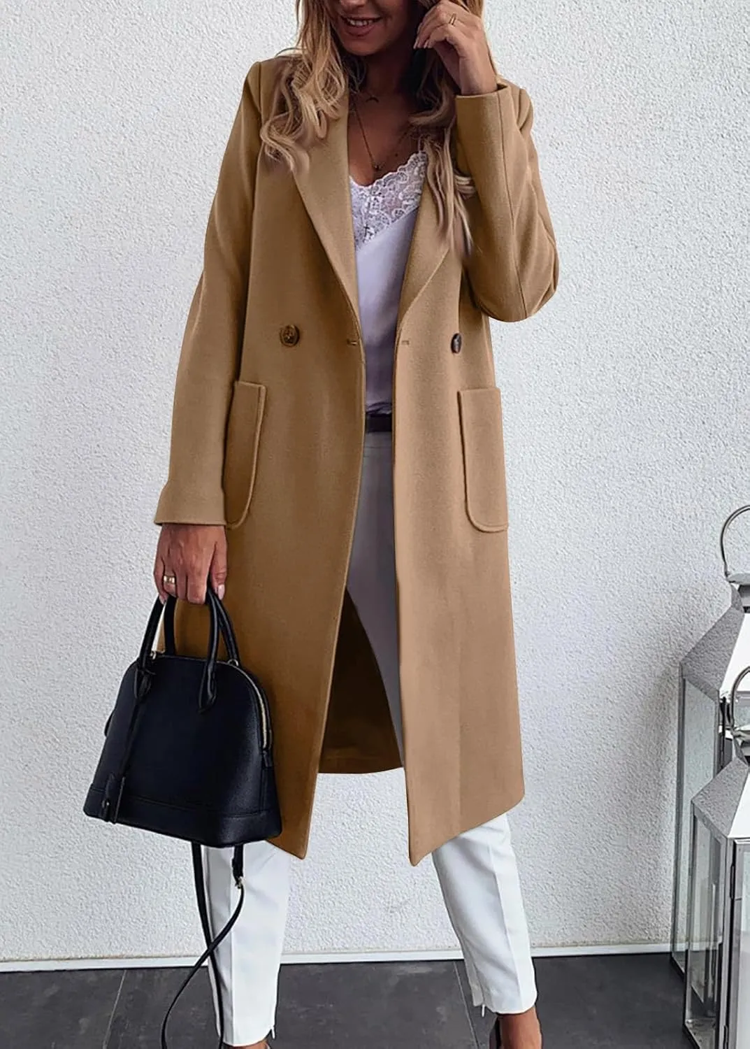 chouyatou Women's Double Breasted Winter Wool Pea Coat Midi Long Warm Wool Blend Trench Coat