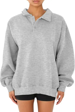 Cioatin Women Oversize Fleece Button Up Collar Polo Neck Sweatshirt Top Loose Drop Shoulder Hoodie Pullover Fall Outfits