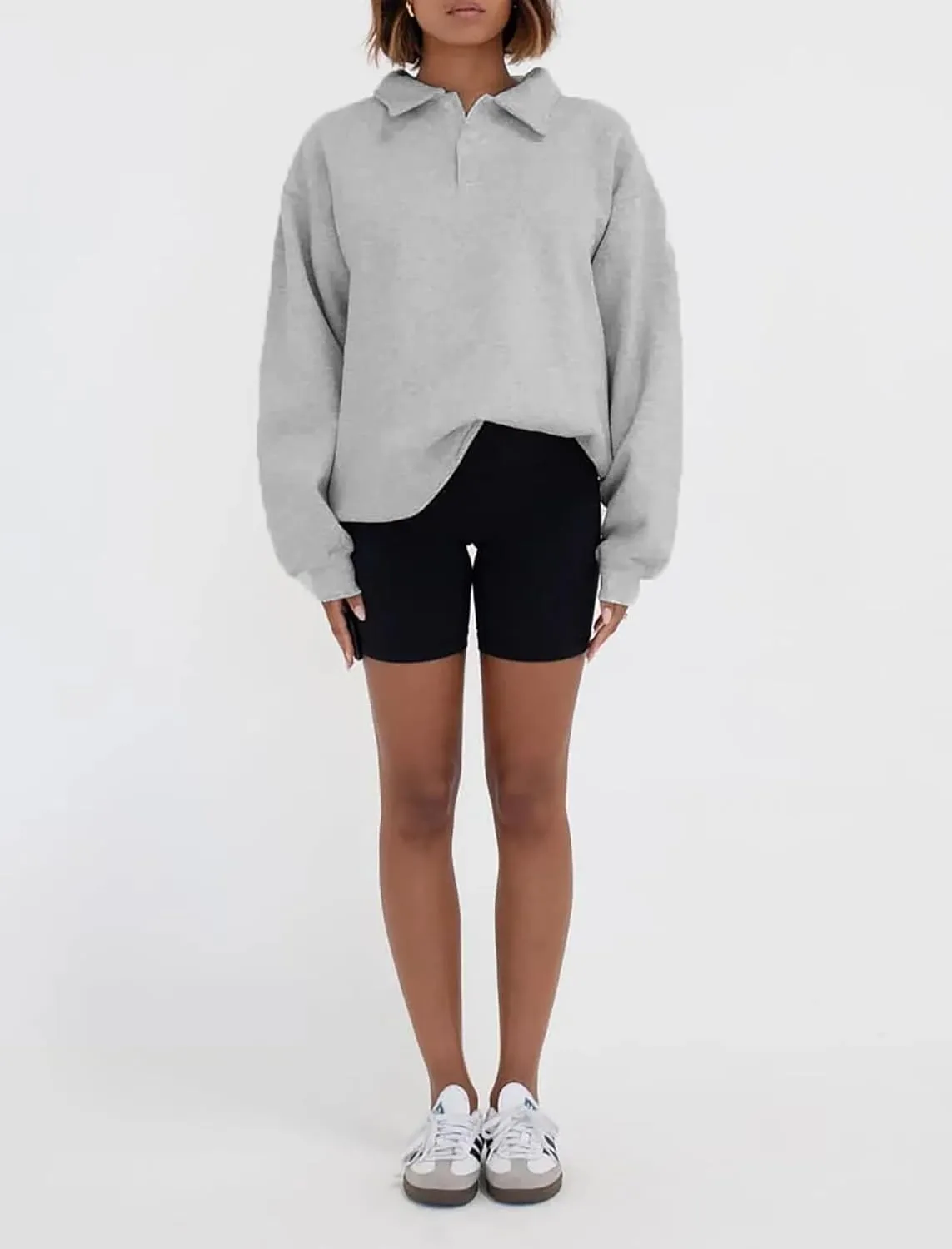 Cioatin Women Oversize Fleece Button Up Collar Polo Neck Sweatshirt Top Loose Drop Shoulder Hoodie Pullover Fall Outfits