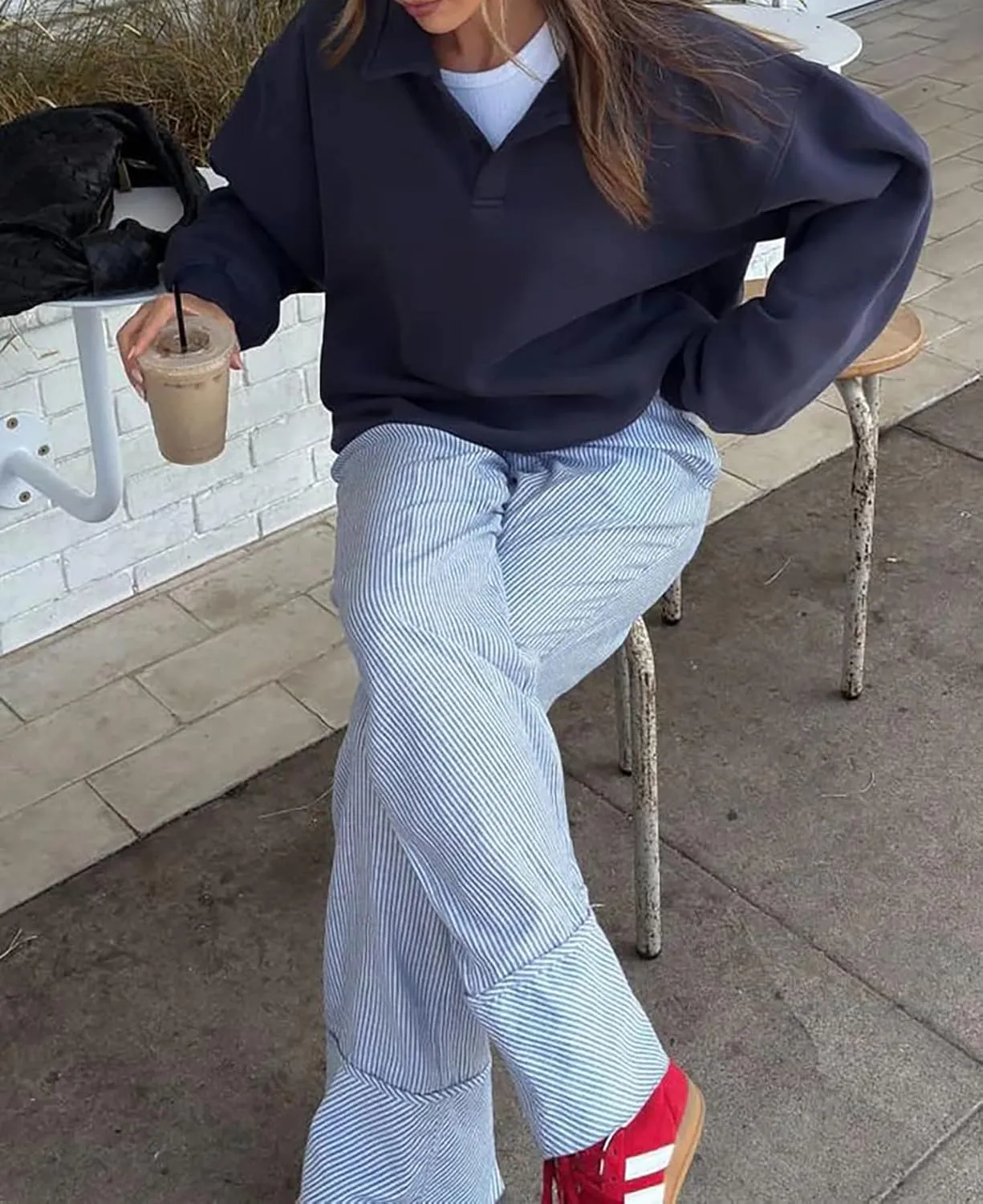 Cioatin Women Oversize Fleece Button Up Collar Polo Neck Sweatshirt Top Loose Drop Shoulder Hoodie Pullover Fall Outfits