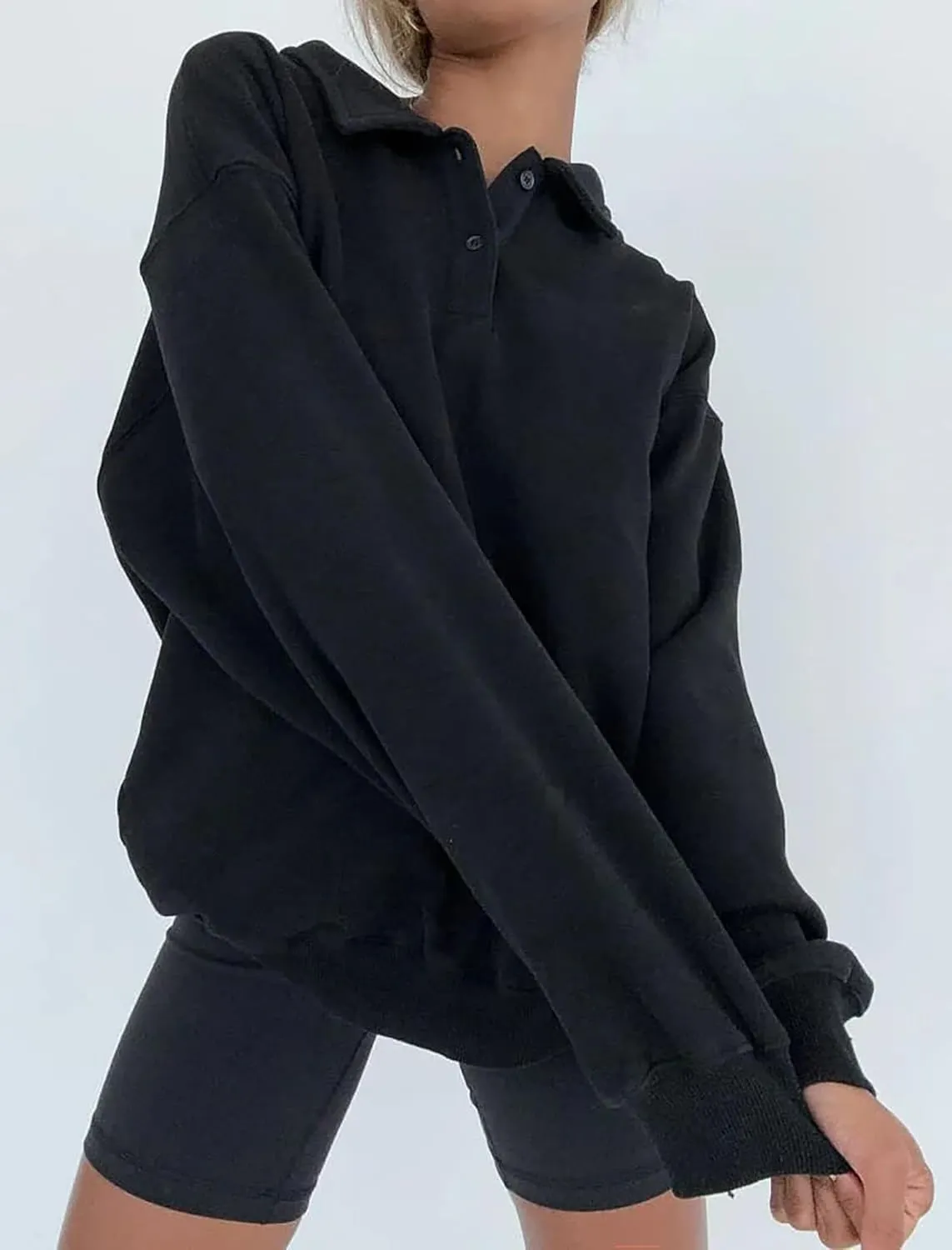 Cioatin Women Oversize Fleece Button Up Collar Polo Neck Sweatshirt Top Loose Drop Shoulder Hoodie Pullover Fall Outfits