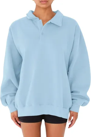 Cioatin Women Oversize Fleece Button Up Collar Polo Neck Sweatshirt Top Loose Drop Shoulder Hoodie Pullover Fall Outfits