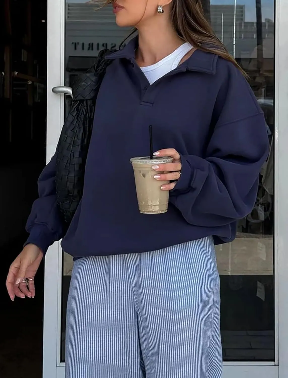 Cioatin Women Oversize Fleece Button Up Collar Polo Neck Sweatshirt Top Loose Drop Shoulder Hoodie Pullover Fall Outfits