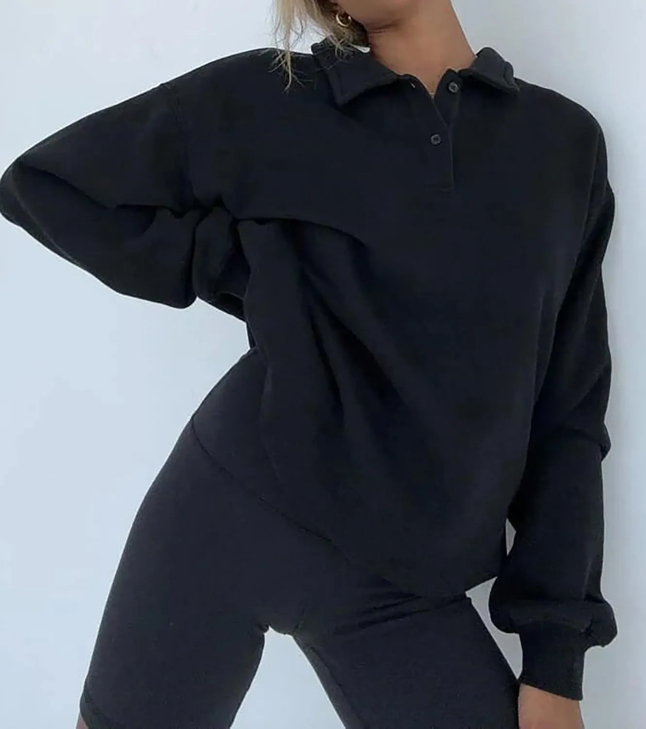 Cioatin Women Oversize Fleece Button Up Collar Polo Neck Sweatshirt Top Loose Drop Shoulder Hoodie Pullover Fall Outfits