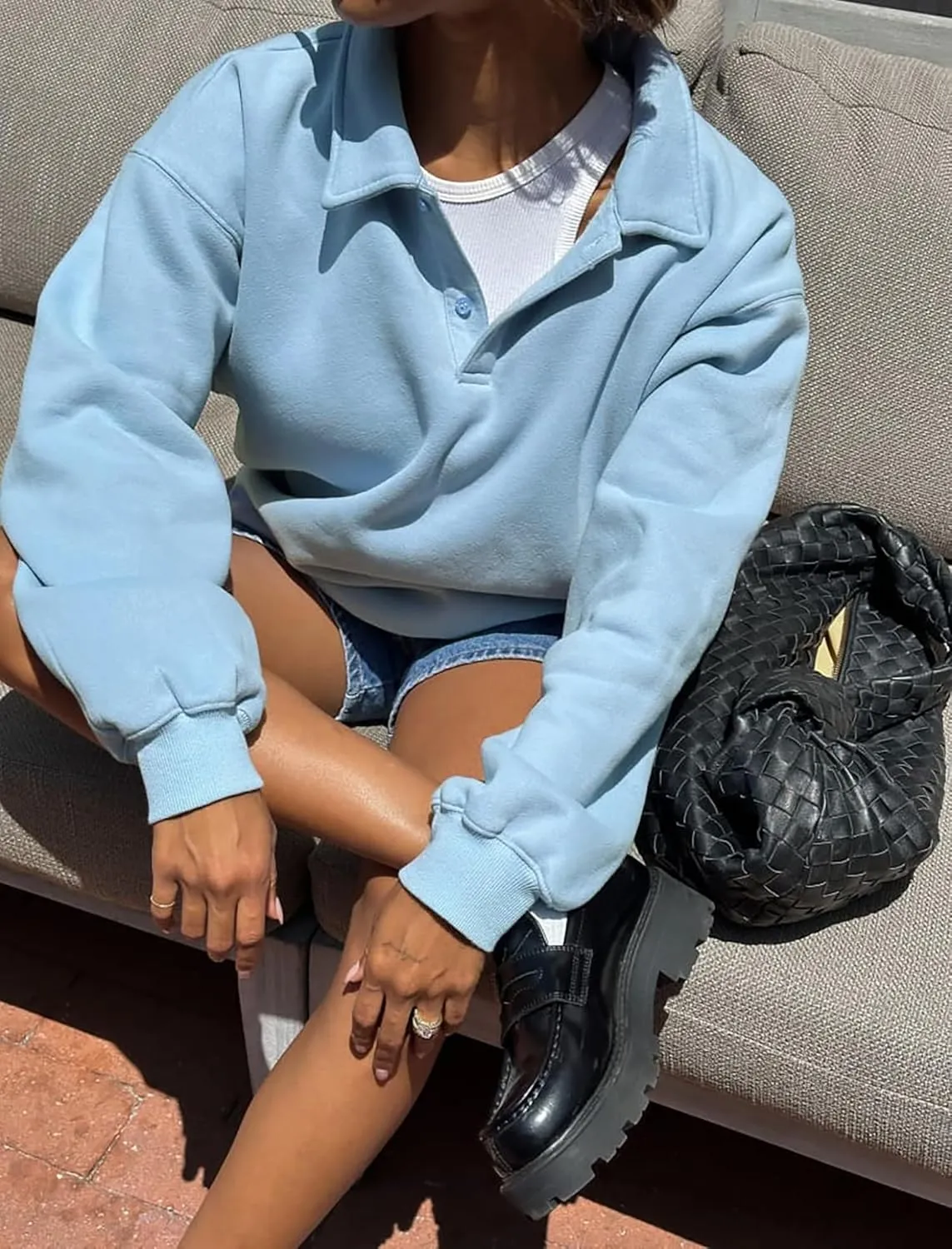 Cioatin Women Oversize Fleece Button Up Collar Polo Neck Sweatshirt Top Loose Drop Shoulder Hoodie Pullover Fall Outfits
